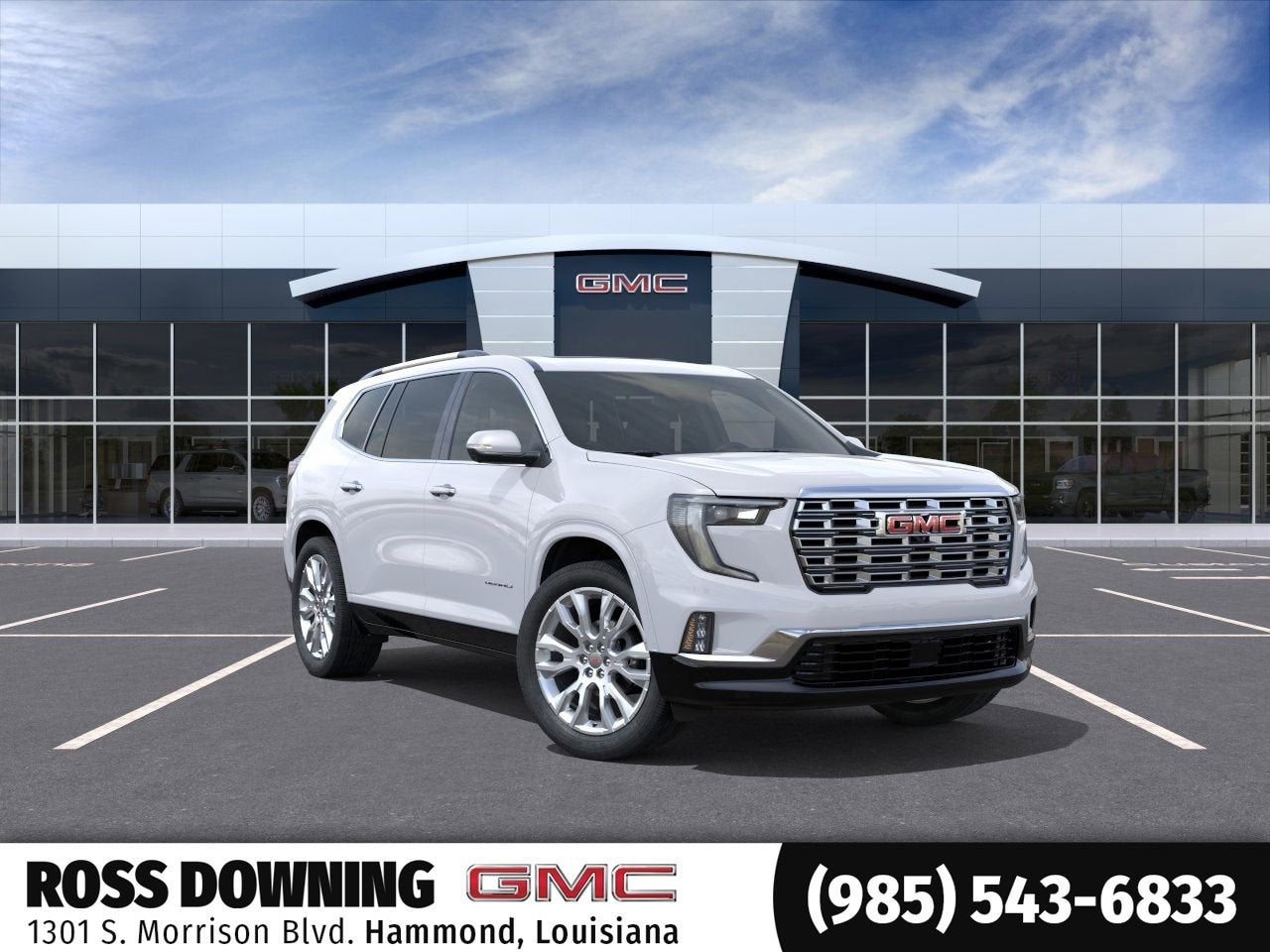 2026 GMC Acadia Denali in Summit White — front three-quarter view