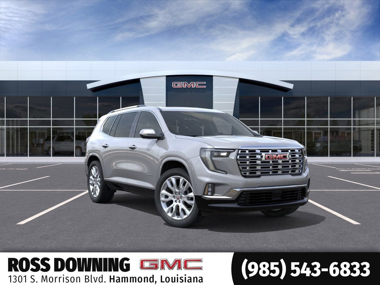 2026 GMC Acadia Denali in Sterling Metallic — front three-quarter view