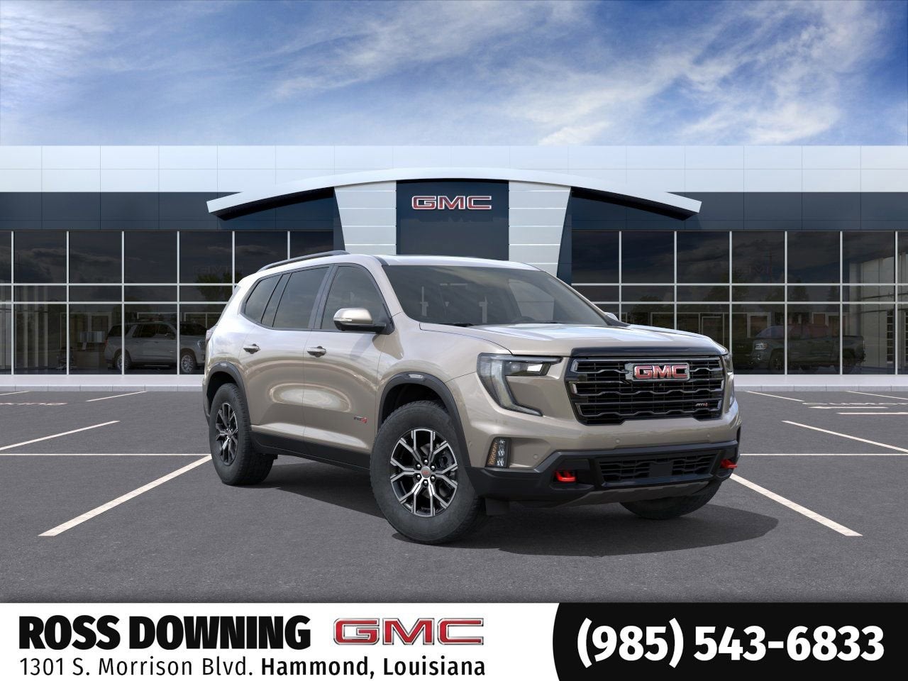 2026 GMC Acadia AT4 in Riverstone Metallic — front three-quarter view