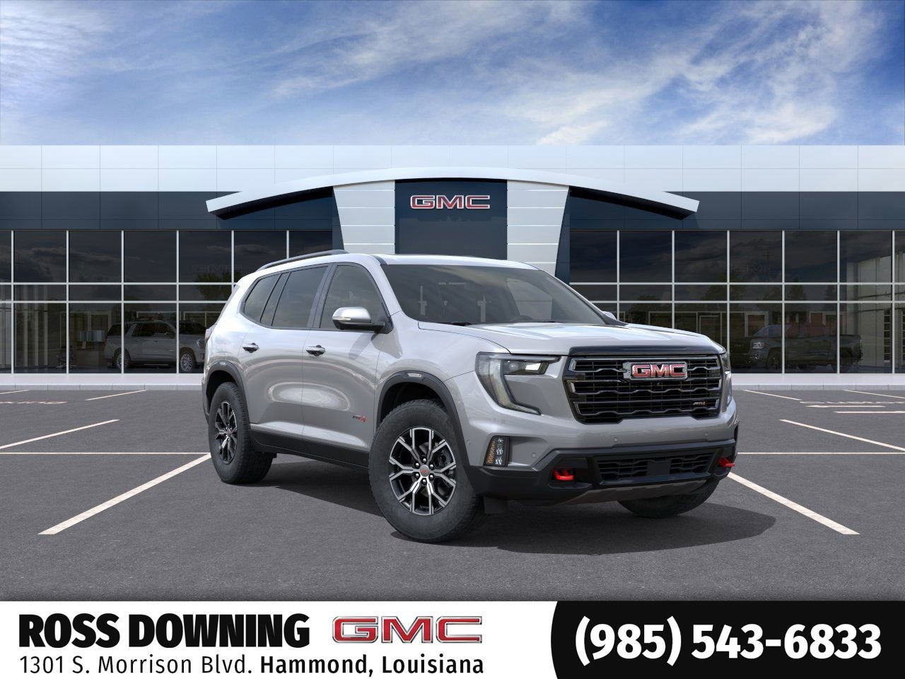 2026 GMC Acadia AT4 in Sterling Metallic — front three-quarter view