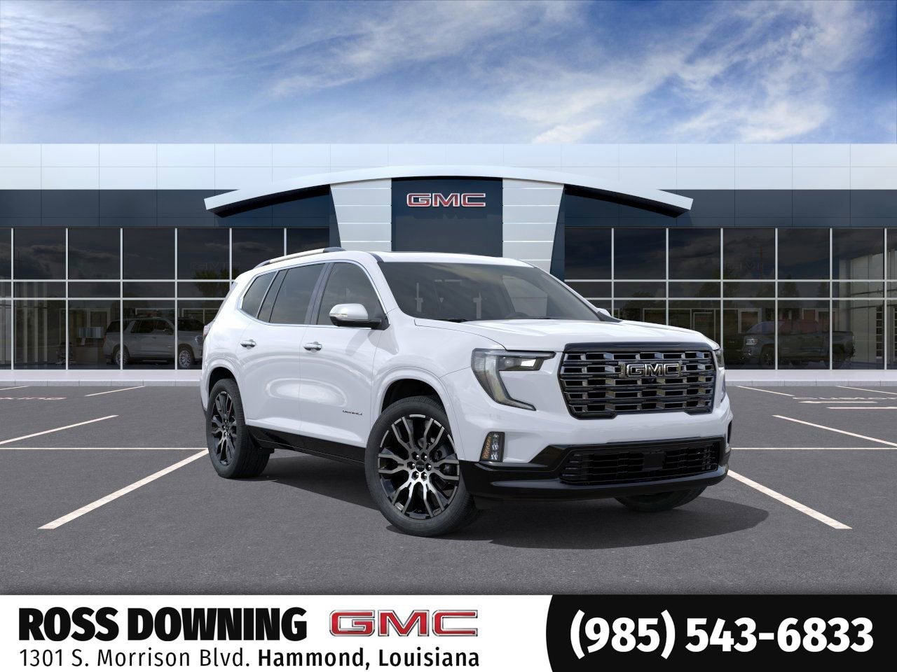 2026 GMC Acadia Denali Ultimate in Glacier White Tricoat — front three-quarter view